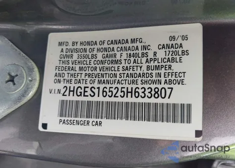 2005 Honda Civic Lx z USA, uszkodzony, nr VIN 2HGES16525H633807